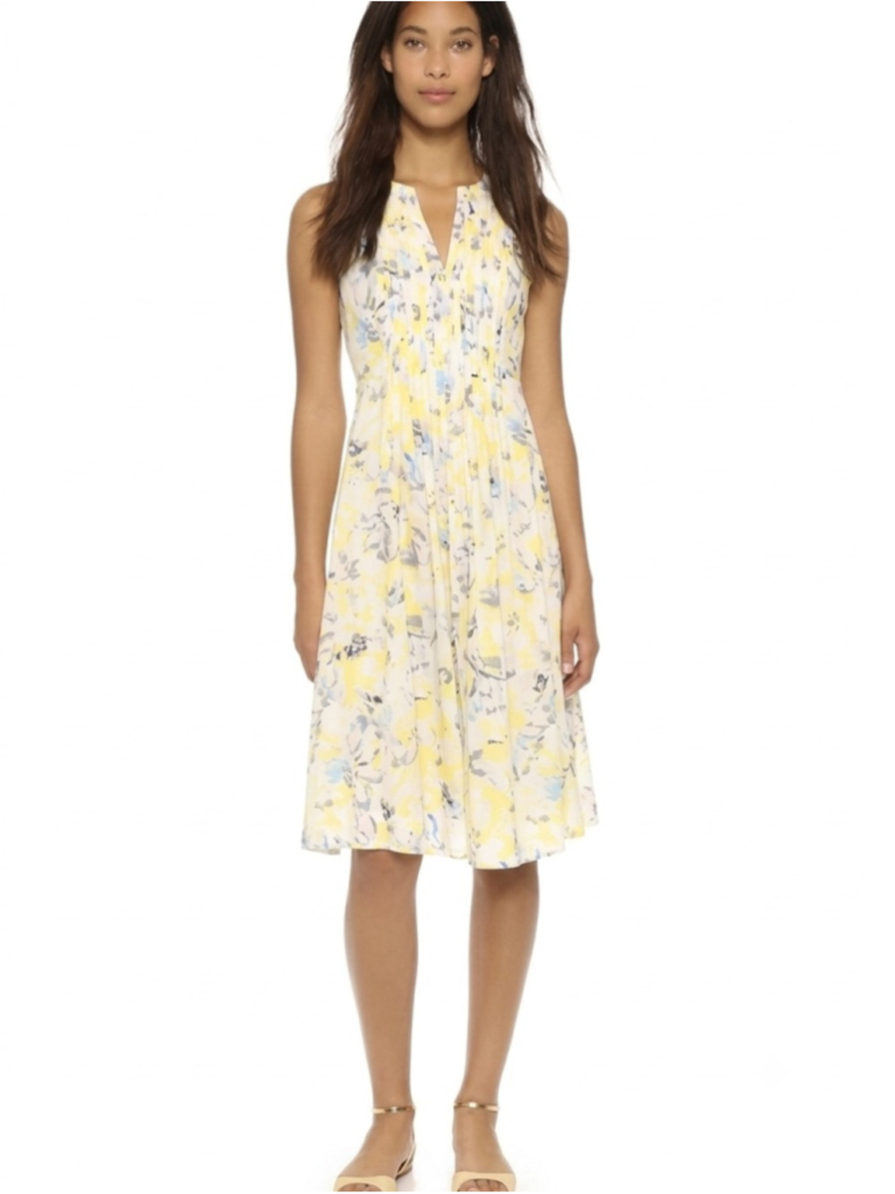 Rebecca Taylor Aloha Print Pintuck Sleeveless Midi Dress Size 8 Lemon Yellow